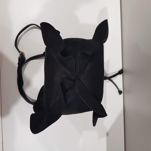 SEED Black Suede Like Ruffled Drawstring Bucket Bag - Picture 9 of 11